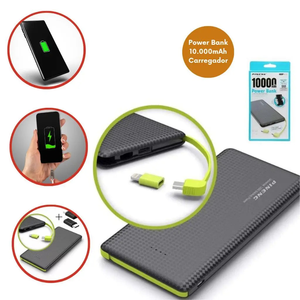 Carregador Portátil Power Bank Pineng 10.000mAh – Compacto, Potente e Essencial!